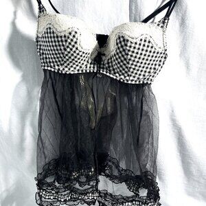 Victoria's Secret Black Gingham Babydoll Sheer Chemise Size 36B